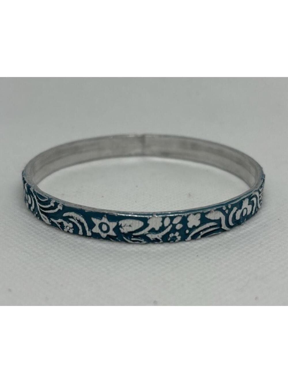 Vintage Blue Floral Etched Bangle Bracelet Silver Tone Thin Stackable